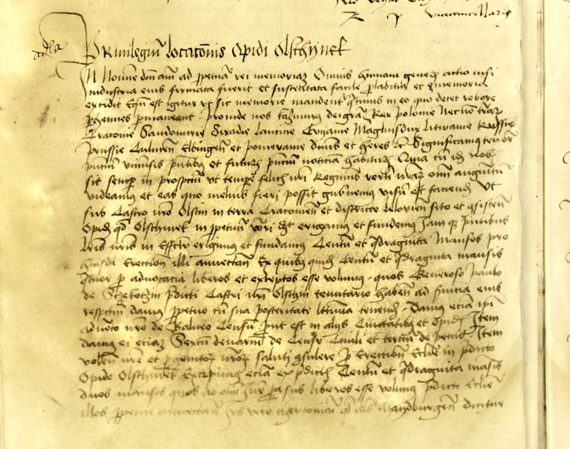 Akt nadania praw miejskich Olsztynka z roku 1488