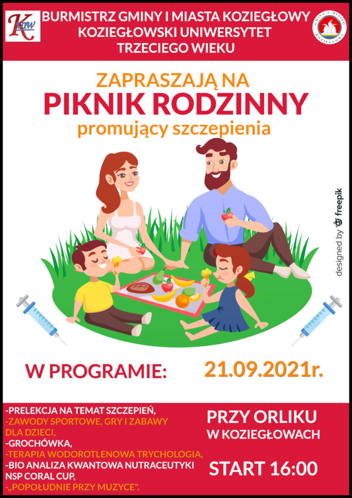 Burmistrz gminy i miasta Koziegłowy oraz Koziegłowski Uniwersytet Trzeciego Wieku zapraszają na piknik rodzinny promujący szczepienia 1