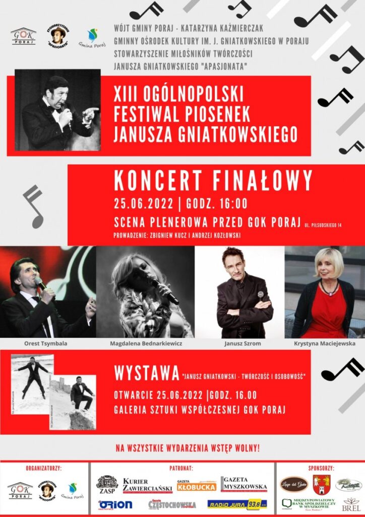 Urząd Gminy Poraj zaprasza na Koncert Finałowy Festiwalu Piosenek Janusza Gniatkowskiego 2