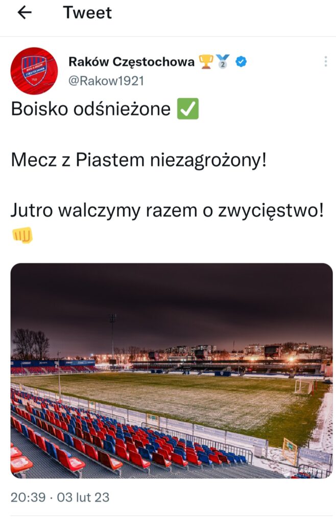 Sobotni mecz Rakowa z Piastem ma odbyć się w terminie. W Płocku odwołany, a w Łodzi opóźniony... 1