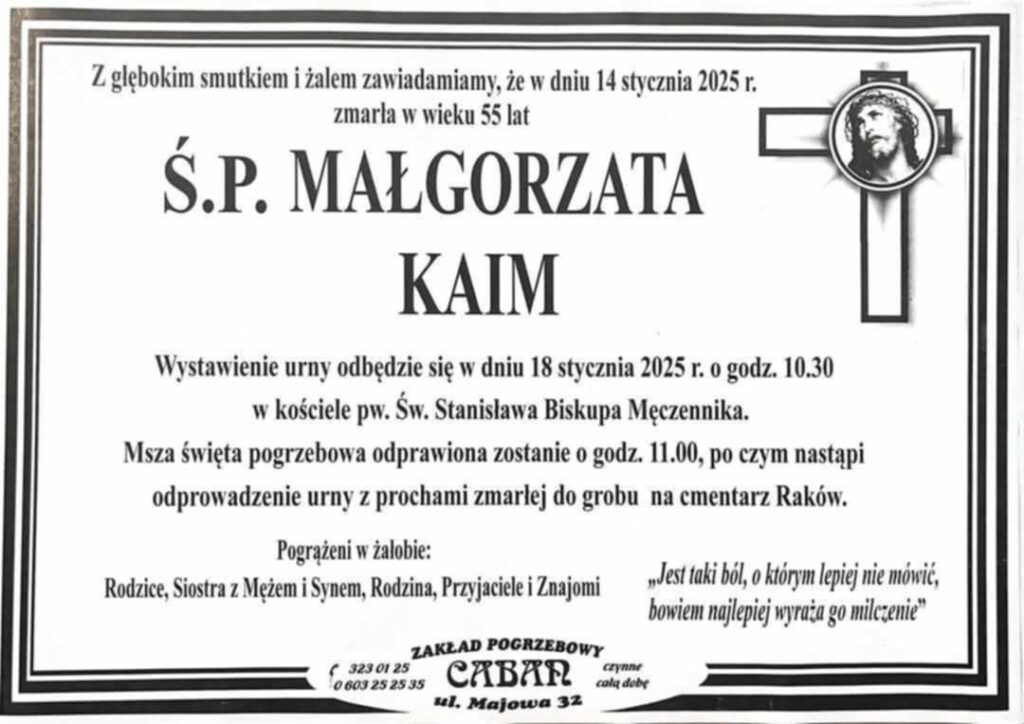 Pogrzeb Małgorzaty Kaim odbędzie się 18 stycznia na cmentarzu Raków 2