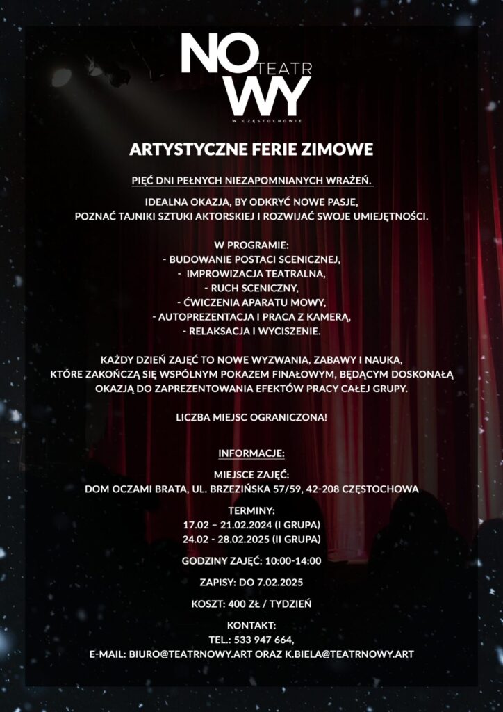 Artystyczne Ferie Zimowe. Zaprasza na nie Teatr Nowy w Częstochowie 2