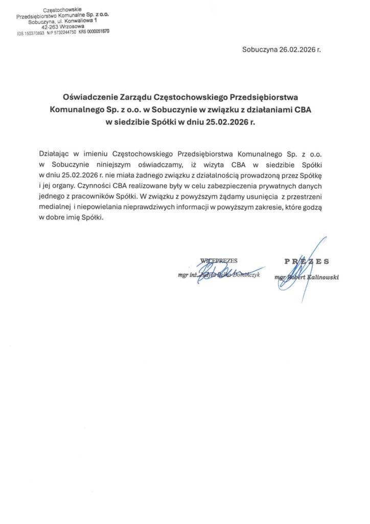 Wizyta CBA w Sobuczynie. Częstochowskie Przedsiębiorstwo Komunalne odpowiada. 2