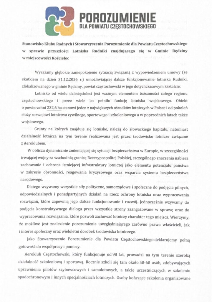 Porozumienie dla Powiatu Częstochowskiego zabiera głos w sprawie przyszłości lotniska Rudniki 2