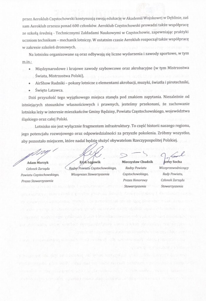 Porozumienie dla Powiatu Częstochowskiego zabiera głos w sprawie przyszłości lotniska Rudniki 3