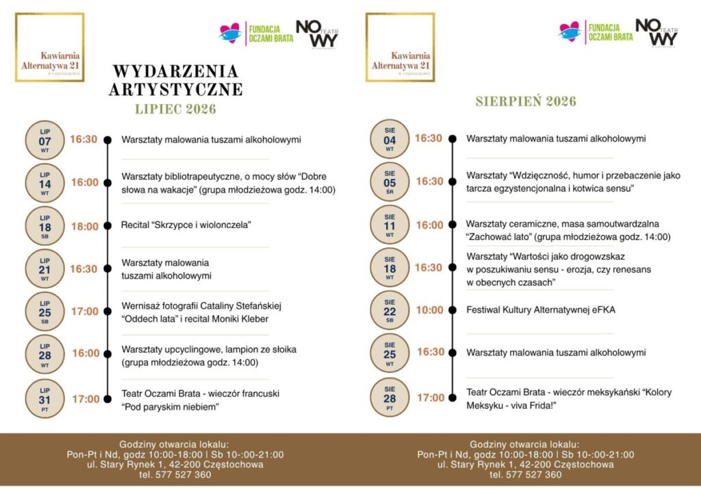 Program letni 2026 w Kawiarni Alternatywa 21 na Starym Rynku w Częstochowie 3